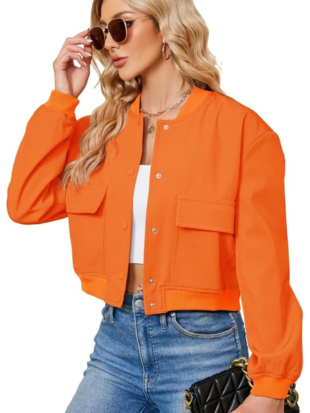 Women's Orange Stylish Short Trendy Casual Lightweight Side Pocket Bomber Jacket